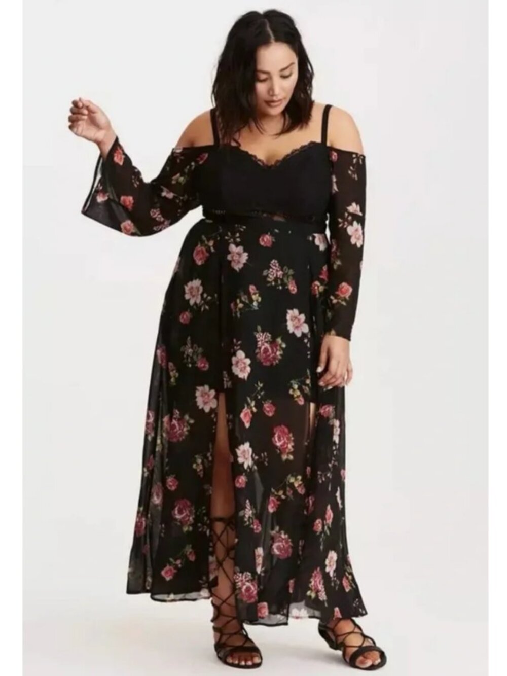 Torrid Insider Floral Print Cold Shoulder Lace Bustier Maxi Dress 16 - Picture 2 of 14